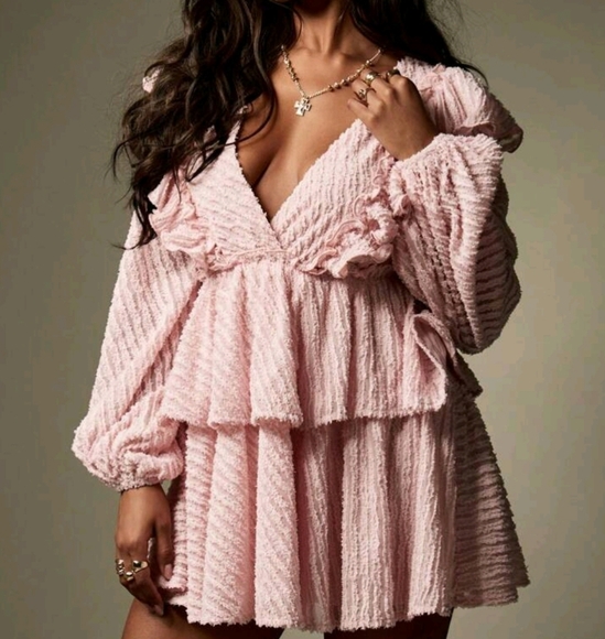 Textured Ruffle Mini Skater Dress With Volume Sleeve - Picture 1 of 5